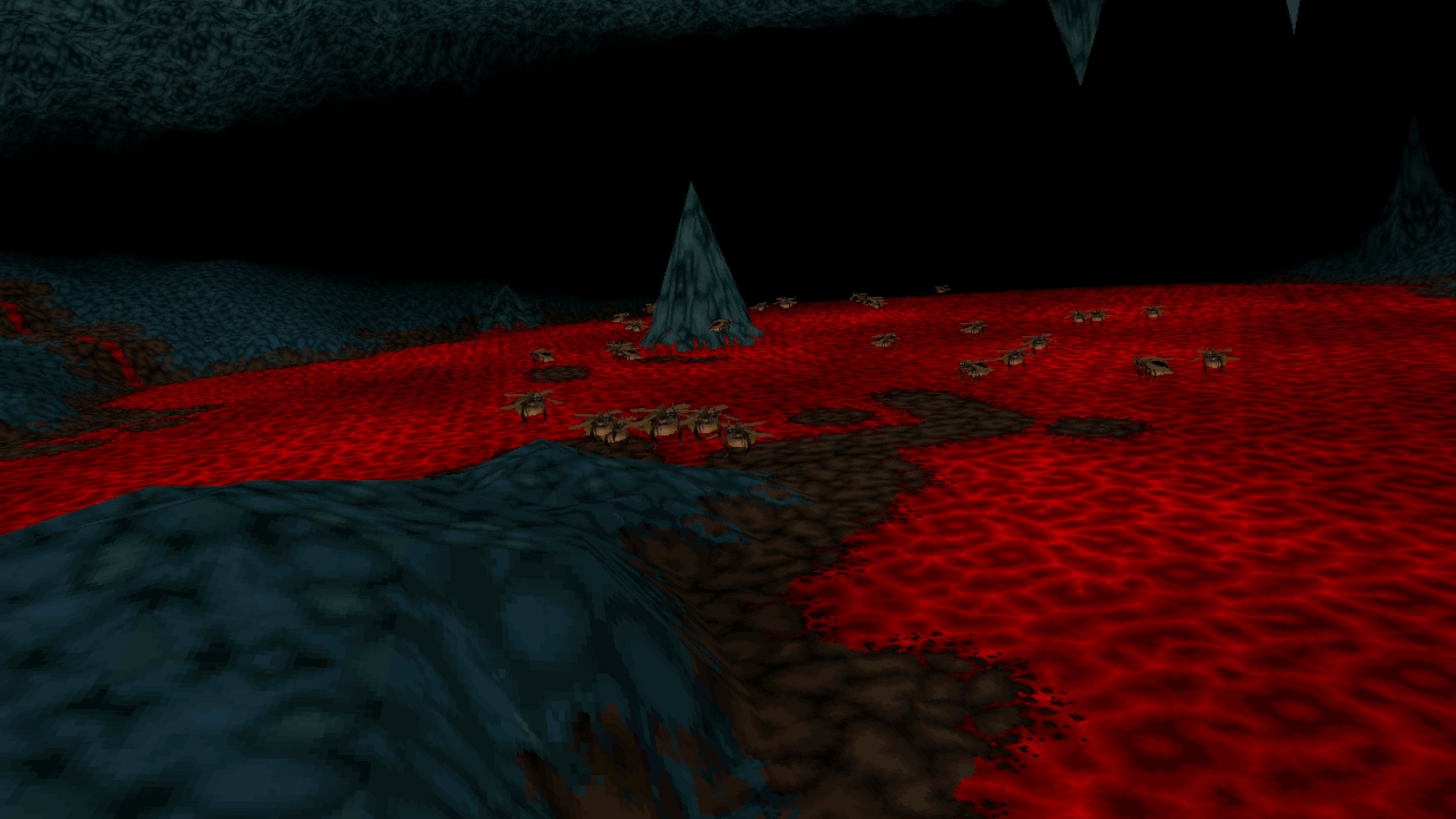 First-person view from the carpet, floating over a magma in a cave..