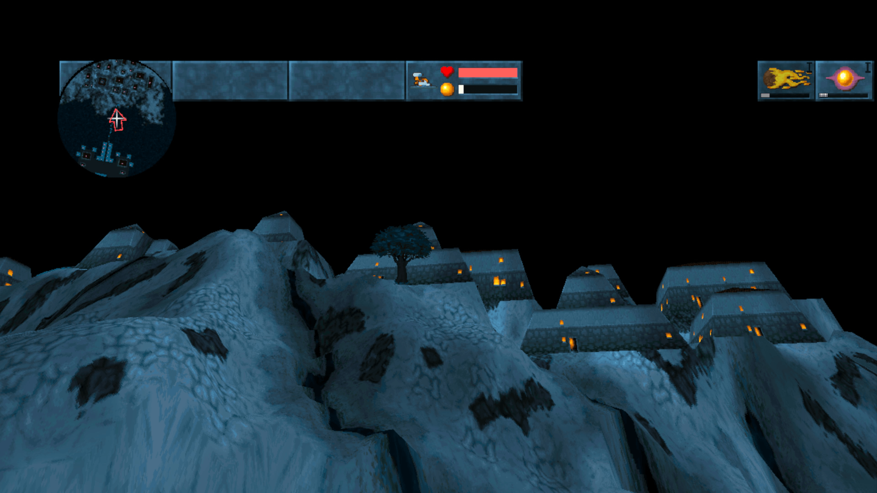 A night scene looking up at the houses, rendered in stereo on a Meta Quest 3.